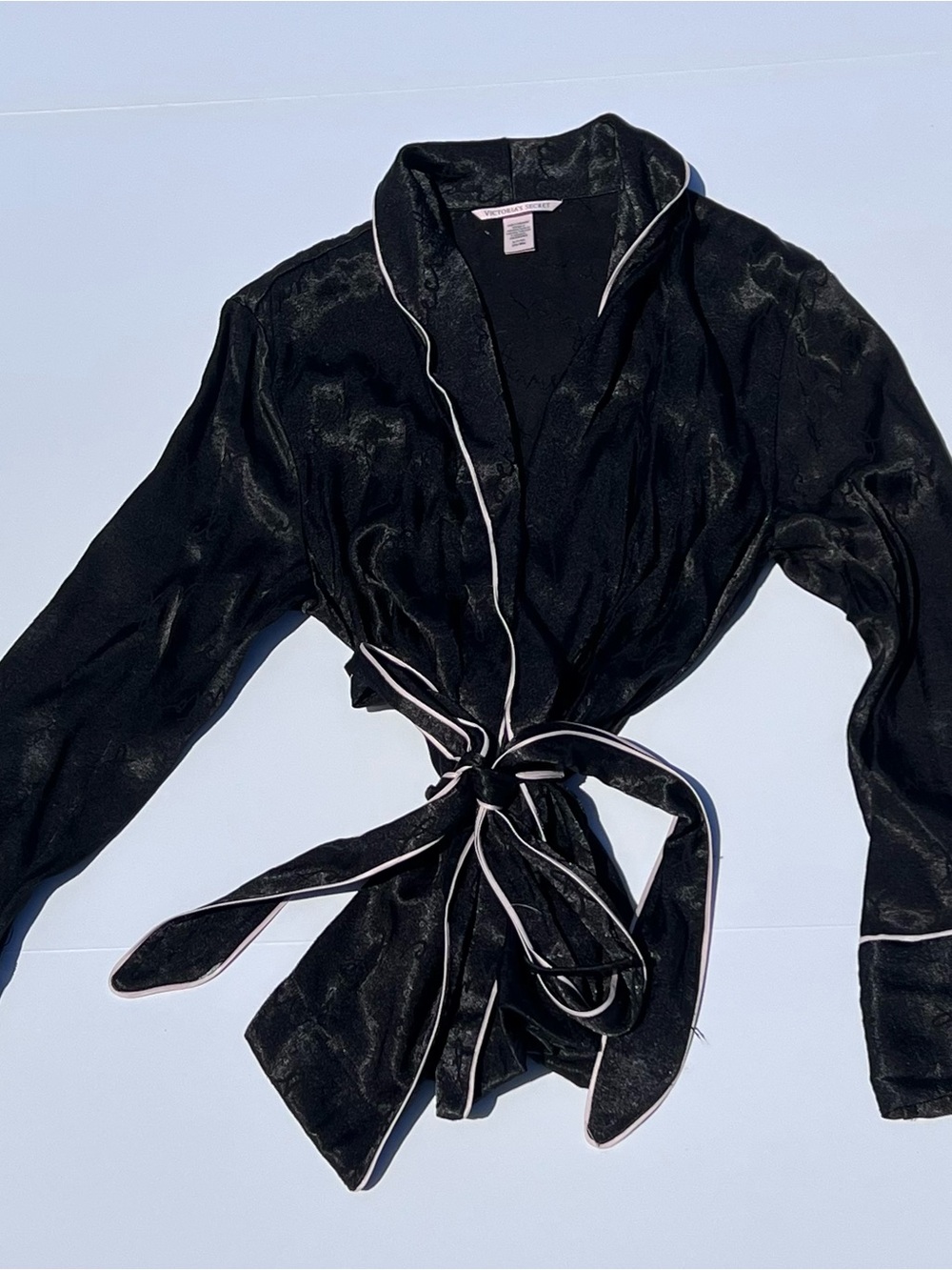 Victoria's Secret Black Satin Wrap Robe with White Piping